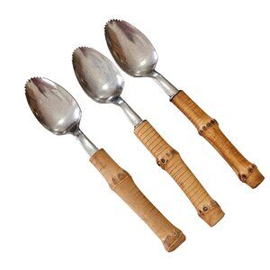 3 Bamboo Handle Grapefruit Spoon 6" vtg retro revival midcentury boho mixed mate